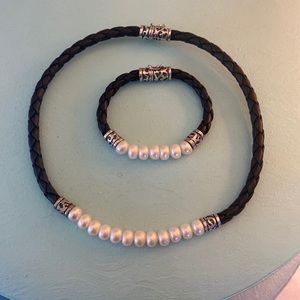 Honora Collection White Pearl Black Braided Leather Necklace Bracelet Set